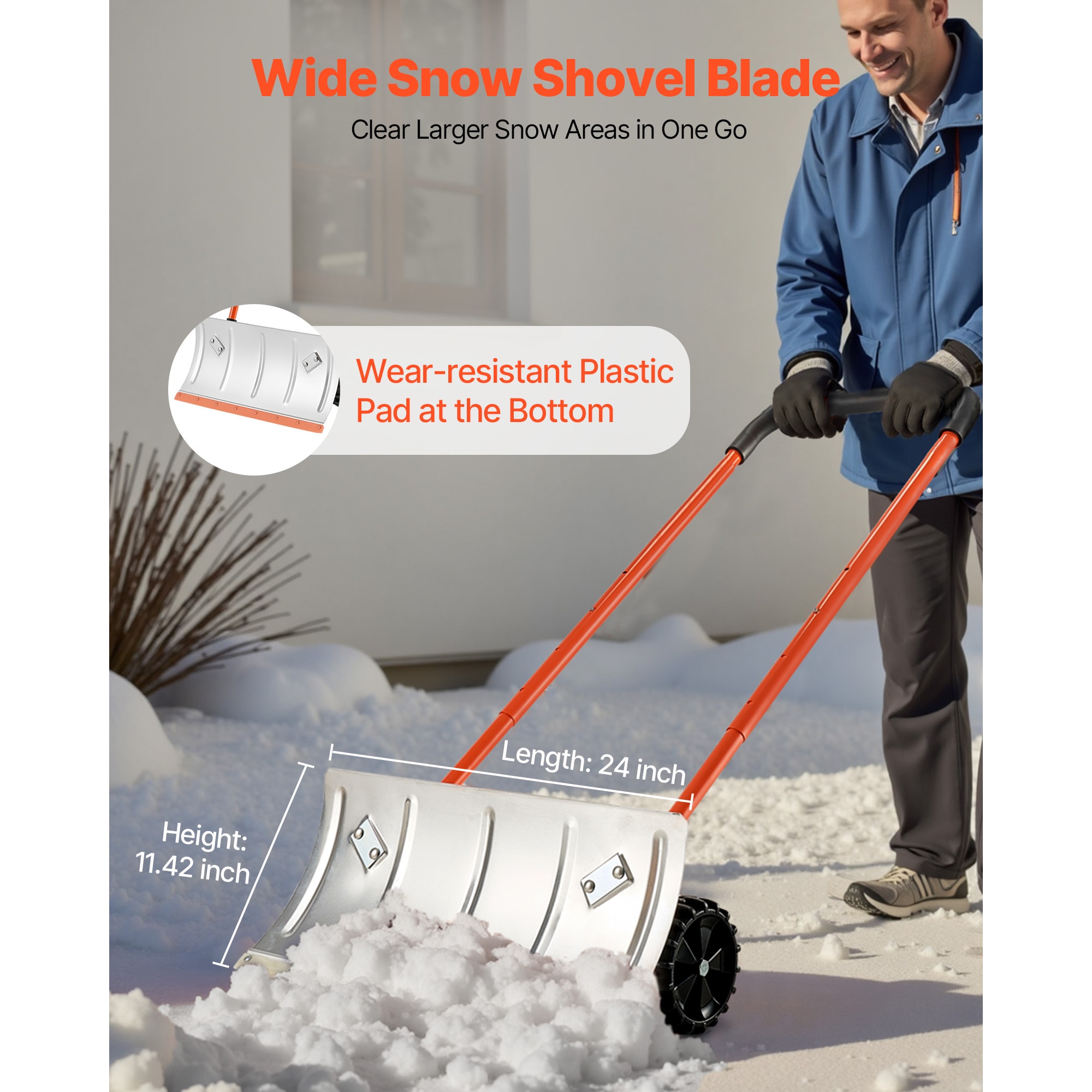 Durable Metal Wheeled Snow Pusher Shovel For Driveway Clearing_voghion.com